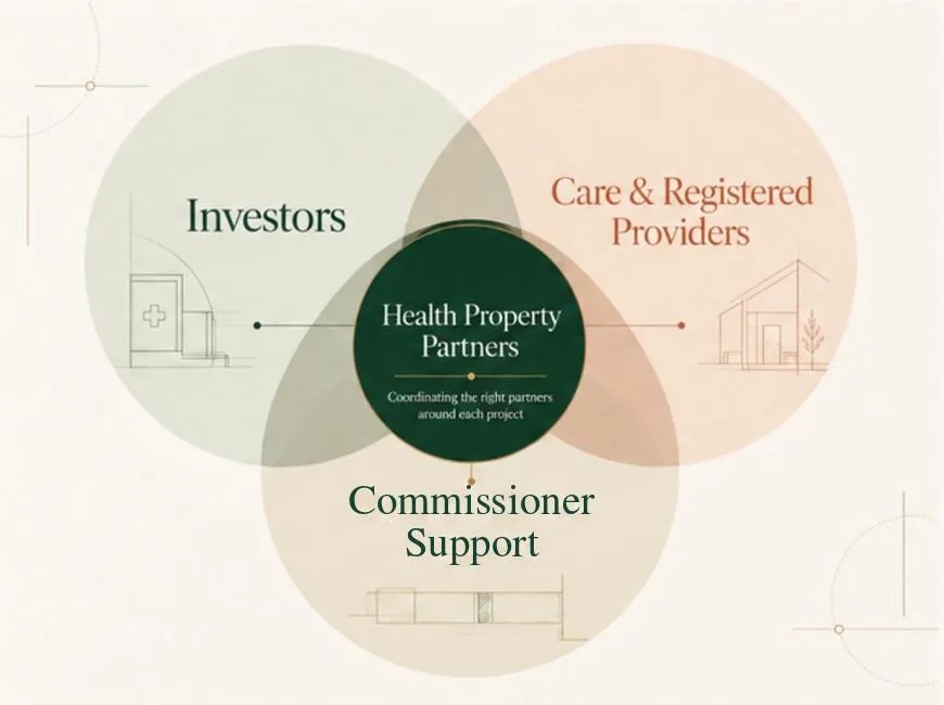 Diagram: Health Property Partners at the centre, coordinating the right partners around each project, where Investors, Care and Registered Providers, and Commissioner Support overlap.