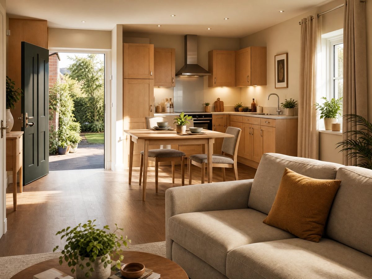 Warm, accessible supported living apartment designed as an ordinary home